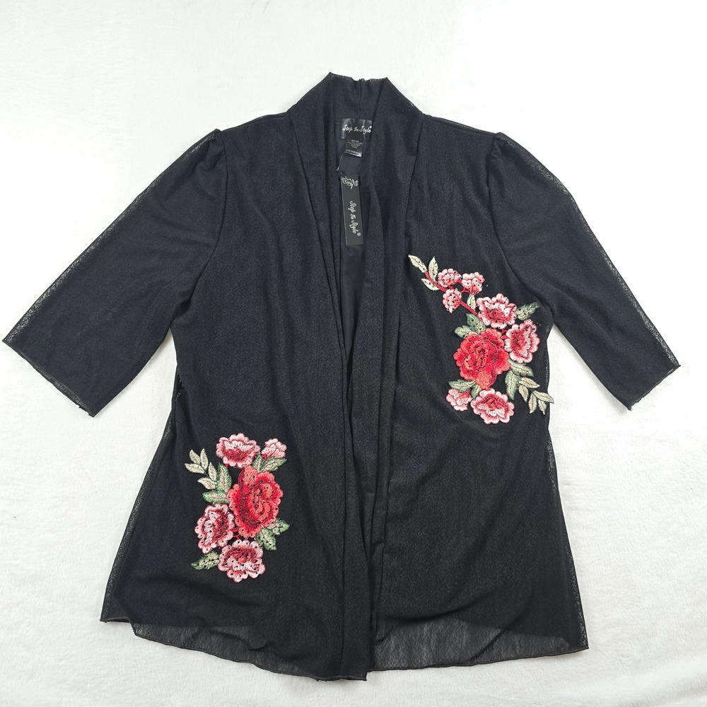 Step In Style Black Sheer Mesh Floral Embroidered Open Cardigan One Size